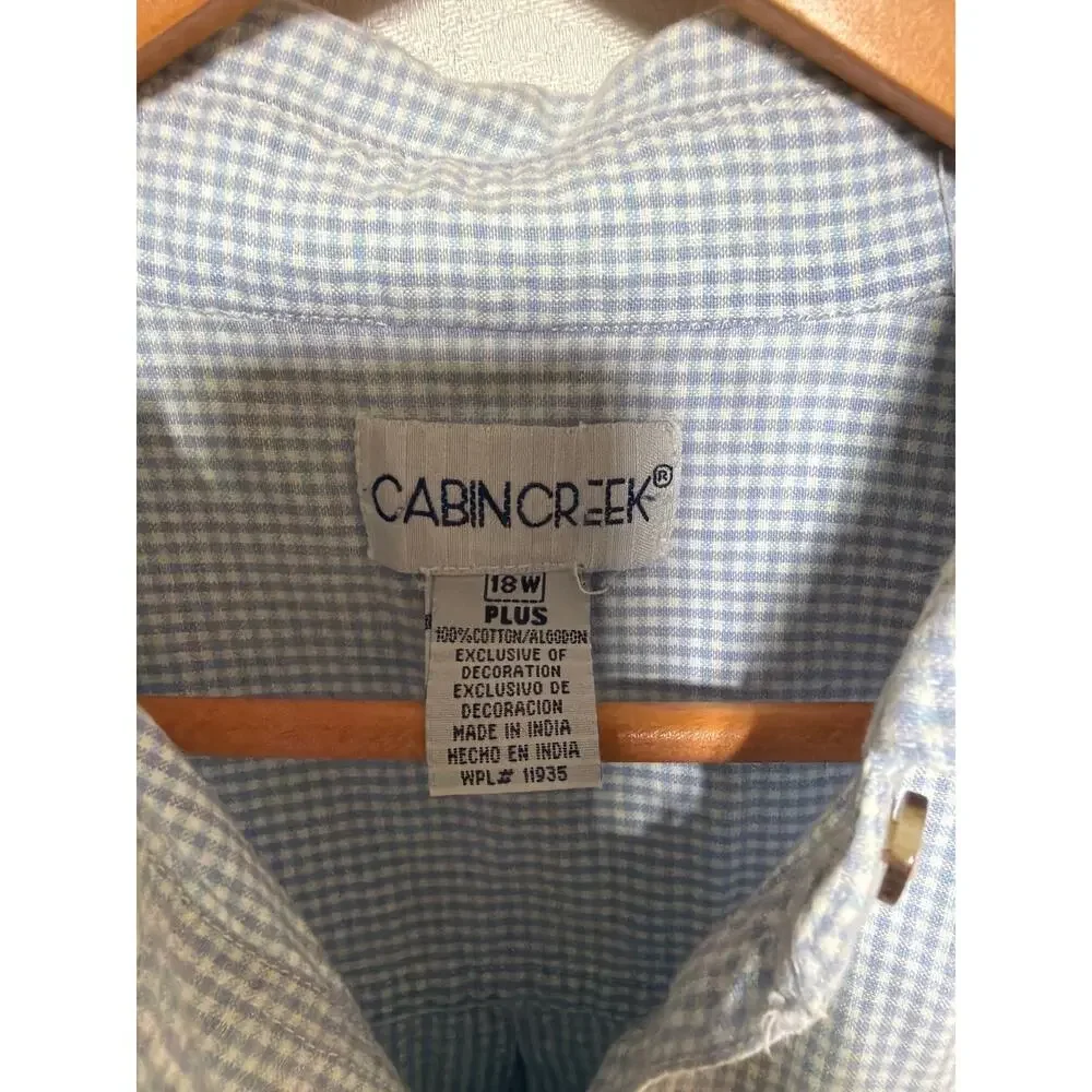 VTG Button Up 18W Blue Purple Gingham Birdhouse Birds Embroidered Cabin Creek